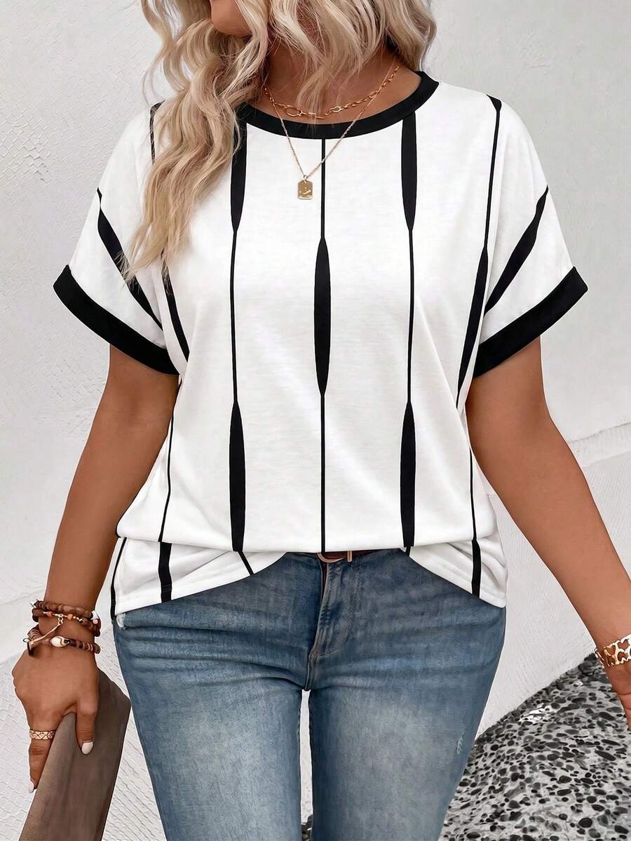 Plus Size Women Round Neck Color Block Casual Everyday T-Shirt - Multicolor - View 1