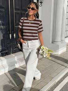 SHEIN Frenchy Áo thun ngắn tay dáng rộng, cổ tròn, phối màu tương phản, phong cách retro tối giản dành cho nữ, thích hợp cho các buổi đi chơi, phong cách đường phố, thanh lịch và lãng mạn, kỳ nghỉ biển, tiệc cưới, mặc nhà, phong cách Bohemian Chic. - Nhiều màu - Xem 4