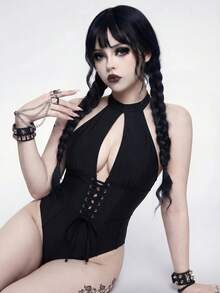 Goth 女士纯色挂脖系带连体泳衣，适合海滩度假、泳池派对、沙滩派对 - 黑色 - 查看 3
