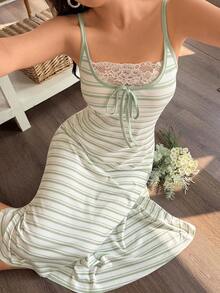Napfluff Striped Print Contrast Trim 2 In 1 Design Fitted Women Nightgown - Green - View 4