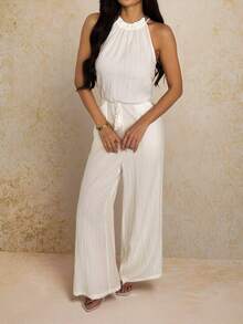 SHEIN PETITE Women's Solid Color Waist Tassel Tie Pocket Casual Jumpsuit For Vacation ,Petite Women - White - View 5