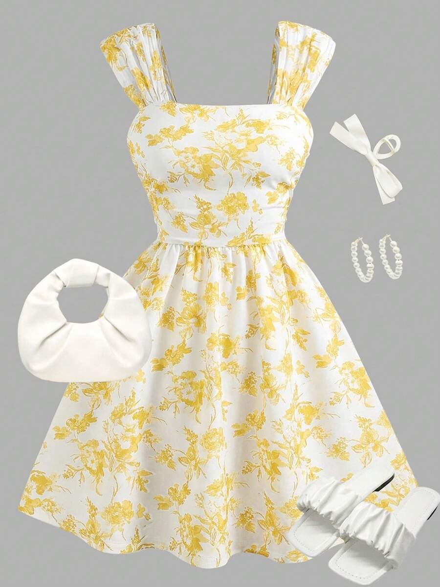 Girlism Teen Girls' Blue & White Floral Print Ruched Waist A-Line Mesh Overlay Spaghetti Strap Vacation Dress, Spring/Summer - Yellow - View 1