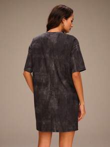 Anewsta Women's Summer Commuting Outfit, Elegant Loose T-Shirt Dress, Black Short Sleeve Round Neck Mini Dress. Suitable For Commuting, Daily Wear And Dating - Grey - View 2