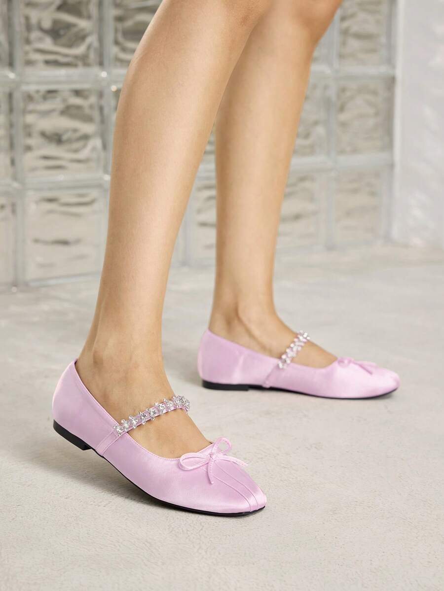 MOTF Zapatos planos vintage cómodos y casuales con detalles de strass y decoración de lazo - Rosa Pálido - Ver 1