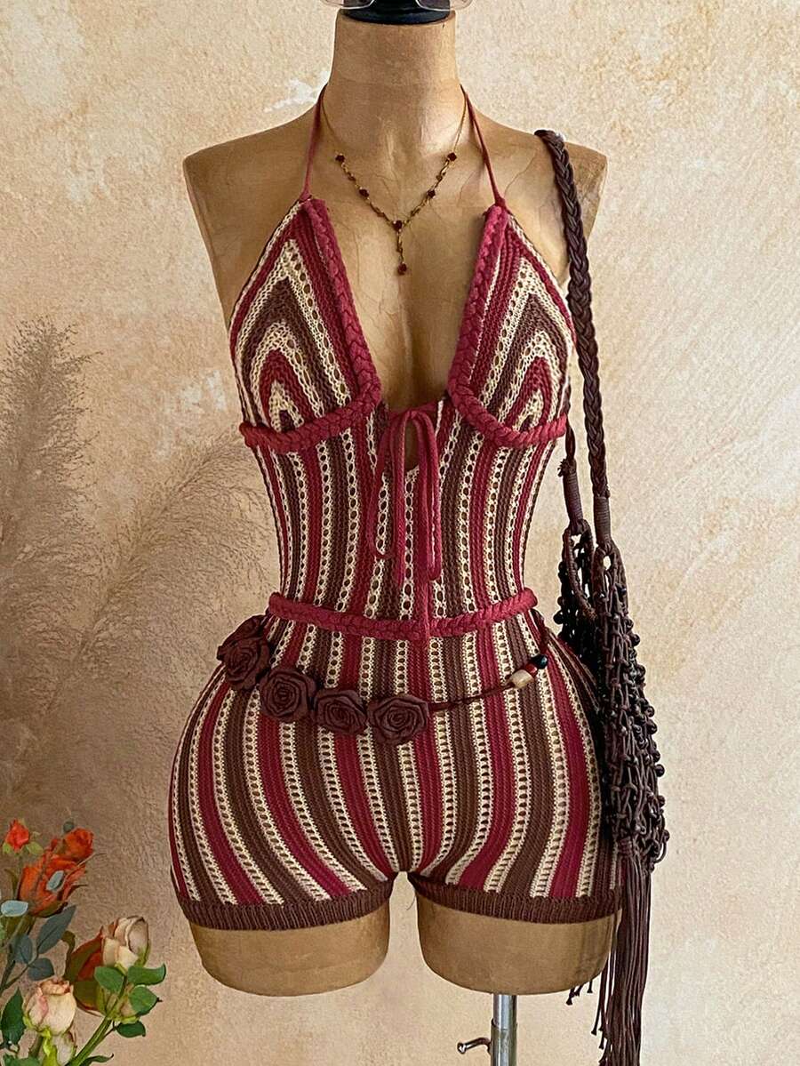 Soleia Women's Halter Strap Striped Tie-Up Fashionable Summer Jumpsuit - Multicolor - View 1