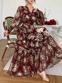 DAZY Women's V-Neck Elegant Long Dress, Suitable For Banquet Dinner Date Sun Dresses For Women Vacation Outfits Women Burgundy Autumn - Brown - View 5