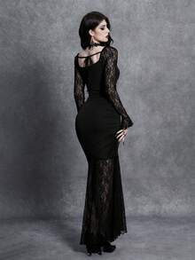 Glisette Đầm maxi ôm sát dài tay cổ tim phối ren dành cho nữ, đầm dự tiệc maxi xếp ly gợi cảm. - màu đen - Xem 2