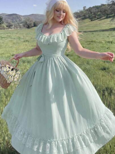 Lyrianda Đầm ren hai lớp tay bồng màu xanh bạc hà, thắt lưng tôn dáng, kiểu dáng công chúa thanh lịch, thích hợp cho đi biển, lễ tốt nghiệp, giúp tôn dáng.