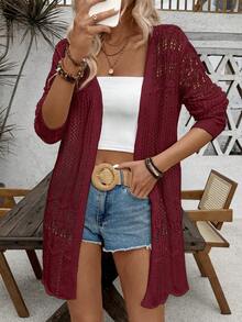 SHEIN LUNE Áo khoác cardigan dài tay nữ màu trơn khoét lỗ, kiểu dáng thường ngày - Màu Đỏ Sâu - Xem 6