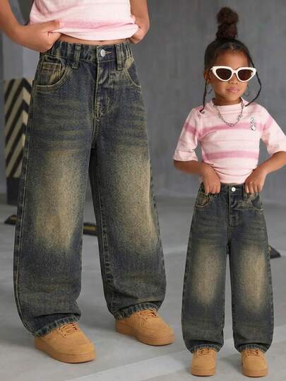 SHEIN Quần short denim ống đứng kiểu vintage cho bé gái, chất liệu mềm mại thoải mái, kiểu dáng thường ngày năng động, phù hợp cho phong cách đường phố, mặc hàng ngày, đi nghỉ mát, đi học, đi làm, dự tiệc, ở nhà, du lịch, lễ hội.