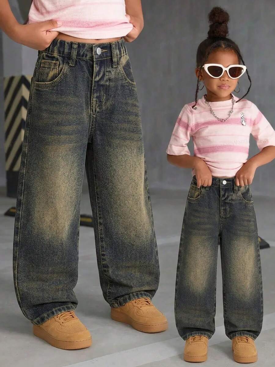 SHEIN Mädchen Vintage gewaschene gerade geschnittene Denim-Shorts, angenehm weiches Material, vielseitig Lässig für Straßenmode, geeignet für Alltag, Urlaub, Schule, Pendeln, Party, Zuhause, Ferien, Festivals - Dunkle Waschung - Übersicht 1