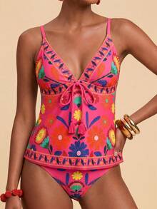 Travachic Conjunto de tankini con parte superior de tirantes con nudo delantero y estampado floral para mujer, ideal para la playa en verano - Rosa Fucsia - Ver 5