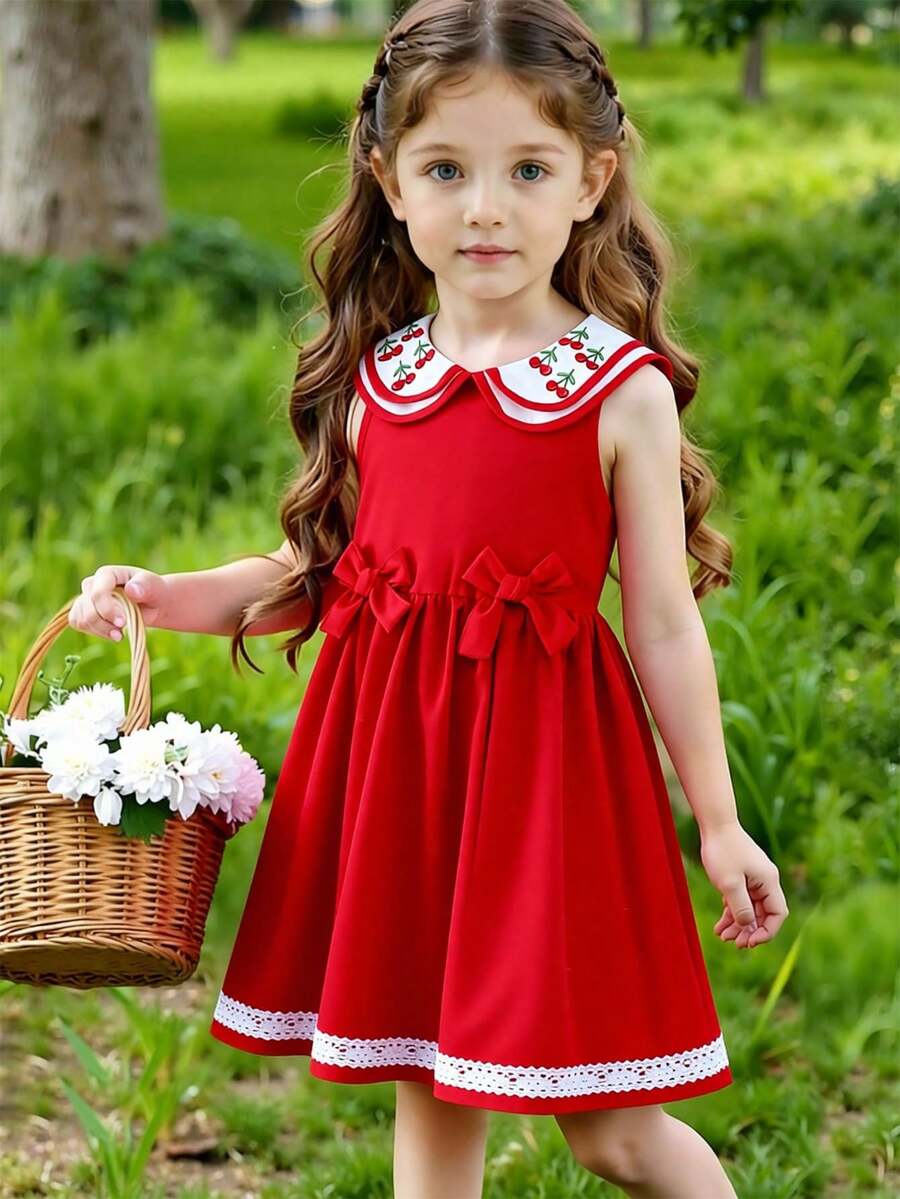 Elladie kids Young Girl Red Double-Layer Peter Pan Collar Sleeveless Cinched Waist Bow Cherry Print Dress, Fashionable & Summer Beach Holiday Frocks For Girls Red Girls Dress Young Girls Dresses Children Dress Kids Clothes,Red Dress,دانتيل,Blossom Picnic Core Cute Dresses For Girls Squishy Summer - Red - View 1