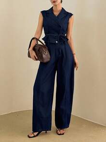 Women's Collared Short Sleeve Tie-Front Denim Top And Relaxed Wide Leg Jeans Casual Vacation Denim Set Summer - Dark Wash - View 4