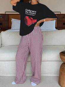 Dazy Tall Women's Round Neck Loose Short Sleeve Top And Plaid Pants Elegant 2 Pieces Casual Vacation Set Lounge Sets For Women Short Sets For Women - Multicolor - View 4