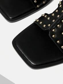MOTF Sandalias planas de verano con decoración de remaches para mujer, de estilo casual y cómodo para la calle y el día a día - Negro - Ver 5