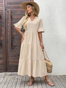 SHEIN LUNE Summer Dresses For Women,Women's Solid Color Casual Long Dress For Vacation - Apricot - View 5
