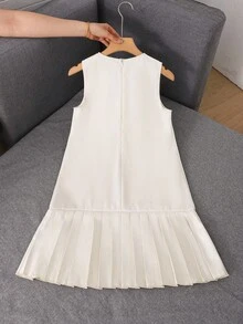 Elladie kids 女孩优雅甜美无袖迷你连衣裙，分层荷叶边下摆，白色蝴蝶结装饰，适合夏季、奢华派对 - 杏色 - 查看 2