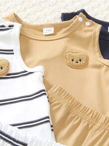 SHEIN Playful Pals 3件套男婴/男女通用婴儿幼儿新生儿0-3岁条纹纯色三件套，包括圆领无袖小熊刺绣背心和短裤，夏季休闲可爱套装 - 彩色 - 查看 4