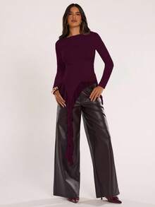SHEIN BAE Women Solid Color Asymmetric Ruffle Hem Long Sleeve Fitted Top,Summer Top - Maroon - View 4
