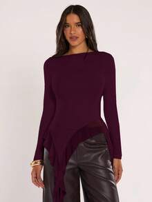 SHEIN BAE Women Solid Color Asymmetric Ruffle Hem Long Sleeve Fitted Top,Summer Top - Maroon - View 8