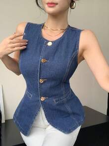 DAZY Áo khoác denim ôm dáng không tay dành cho nữ, thích hợp cho mùa xuân và mùa hè. - Màu xanh lam - Xem 6