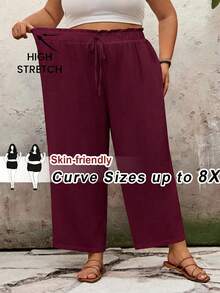 SHEIN CURVE+ Plus Size Casual Solid Color Loose Fit Long Pants Summer/Country/Beach Vacation/Beach/Beach Wear - Red Violet - View 1