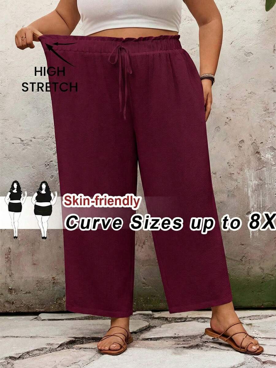 SHEIN CURVE+ Plus Size Casual Solid Color Loose Fit Long Pants Summer/Country/Beach Vacation/Beach/Beach Wear - Red Violet - View 1