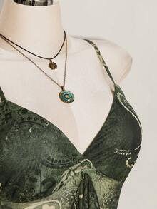 SHEIN ICON Plus Size Women Paisley Print Blue Green Ruffle Trim Camisole Top - Army Green - View 8