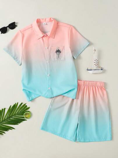 SHEIN Bộ 2 món áo sơ mi và quần short in họa tiết hoa chuyển màu dành cho bé trai tuổi teen, thích hợp đi làm, đi học, mặc hàng ngày, chơi thể thao, mùa xuân/hè.