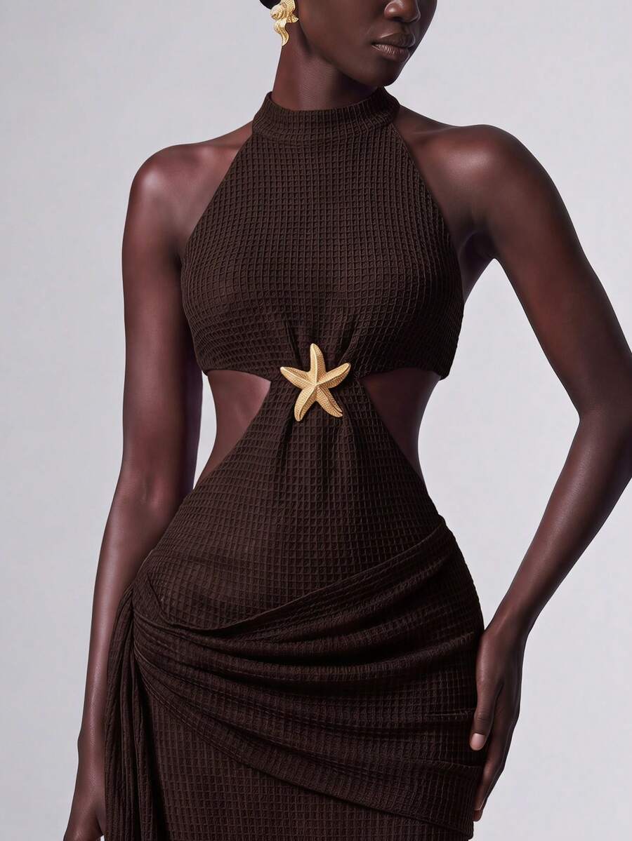 Elitara Elegant Choco Brown Spring Long Dress,Solid Color Hollow-Out Off-Shoulder Mandarin Collar Metallic Button Ruched Formal Wear For Event,Wedding,Gala - Brown - View 1