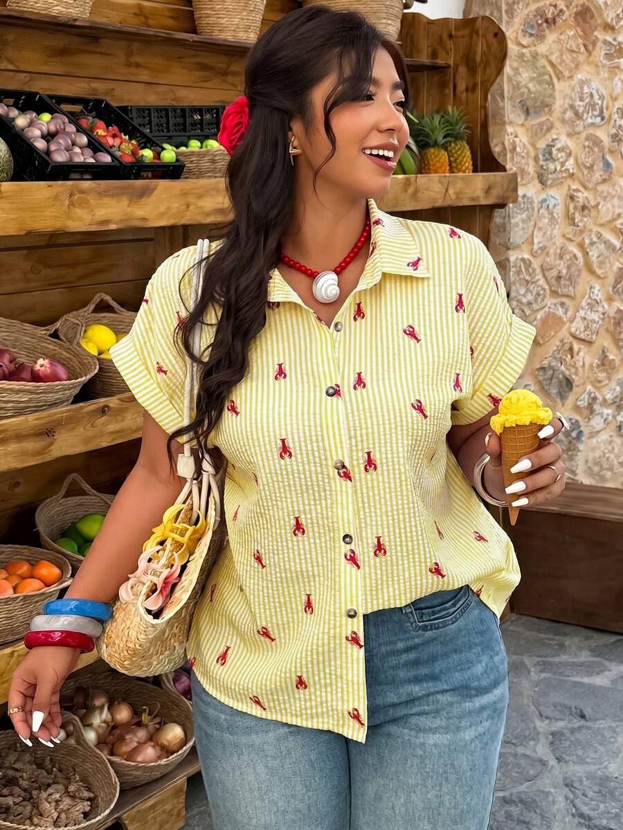 Breezaya Áo nữ dáng rộng kẻ sọc in hình tôm hùm, thích hợp mặc hàng ngày và đi nghỉ mát. - Nhiều màu - Xem 1