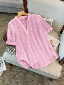 GlowEve CURVE Women's Summer Elegant Pink Floral V-Neck Short Sleeve Blouse,Party Casual Loose Ruffle Striped Stand Collar Shirt For Daily Commute Office Wear - Baby Pink - View 1