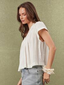 WESTFADE Blusa bohemia de mujer con cuello en V, mangas cortas y diseño fluido con smock - Blanco - Ver 5