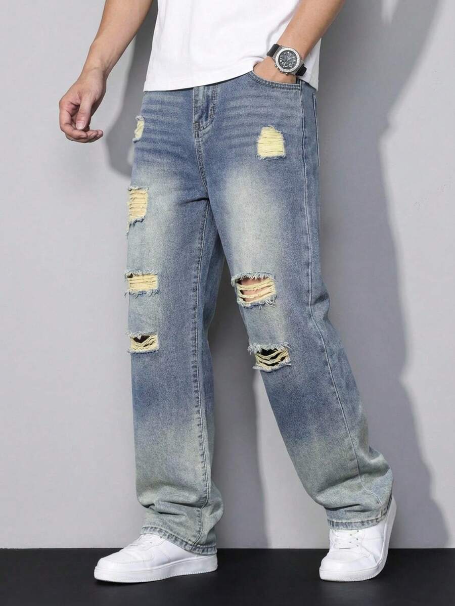 SHEIN Thời trang thiếu niên nam, phong cách Y2K cổ điển, cá tính, đường phố, thiết kế rách rưới, ống quần suông màu xanh dương vintage, quần áo trẻ em, trang phục hàng ngày cho thiếu niên nam và trẻ em, trang phục dự tiệc mùa xuân đến hè, trang phục đường phố. - Màu xanh lam - Xem 1