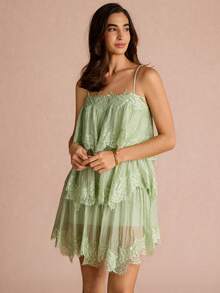 Enchnt Women's Fashion Versatile Vacation Lace Patchwork Layered Hem Dress - Green - View 4