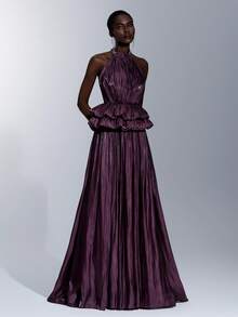 Elitara Elegant Minimalist Classical Design Woven Cold Shoulder Draped Neck Pleated Jellyfish Double-Layer A-Line Formal Evening Gown - Dark Purple - View 7