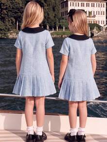 Elladie kids 1件少女夏季新款蓝色拼接黑色领口和下摆抽绳短袖开衫连衣裙，简约休闲宽松甜美学院风 - 藍色 - 查看 2