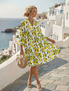 SHEIN LUNE Casual Minimalist Floral Pattern Women's Short Dress, Suitable For Summer - Multicolor - View 4