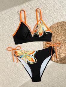 Swim Lushoire Bộ đồ bơi mùa hè mới dành cho nữ, kiểu dáng dây mảnh, hở lưng, cổ chữ V sâu, thắt dây chéo bên hông, quần tam giác, họa tiết hoa, thích hợp cho kỳ nghỉ. - Nhiều màu - Xem 3