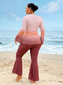 Swim Mulvari Set de 2 piezas de top de manga larga y pantalones con estampado de ubicación de tela de punto de talla grande, estilo estilizante de Oriente Medio - Multicolor - Ver 2