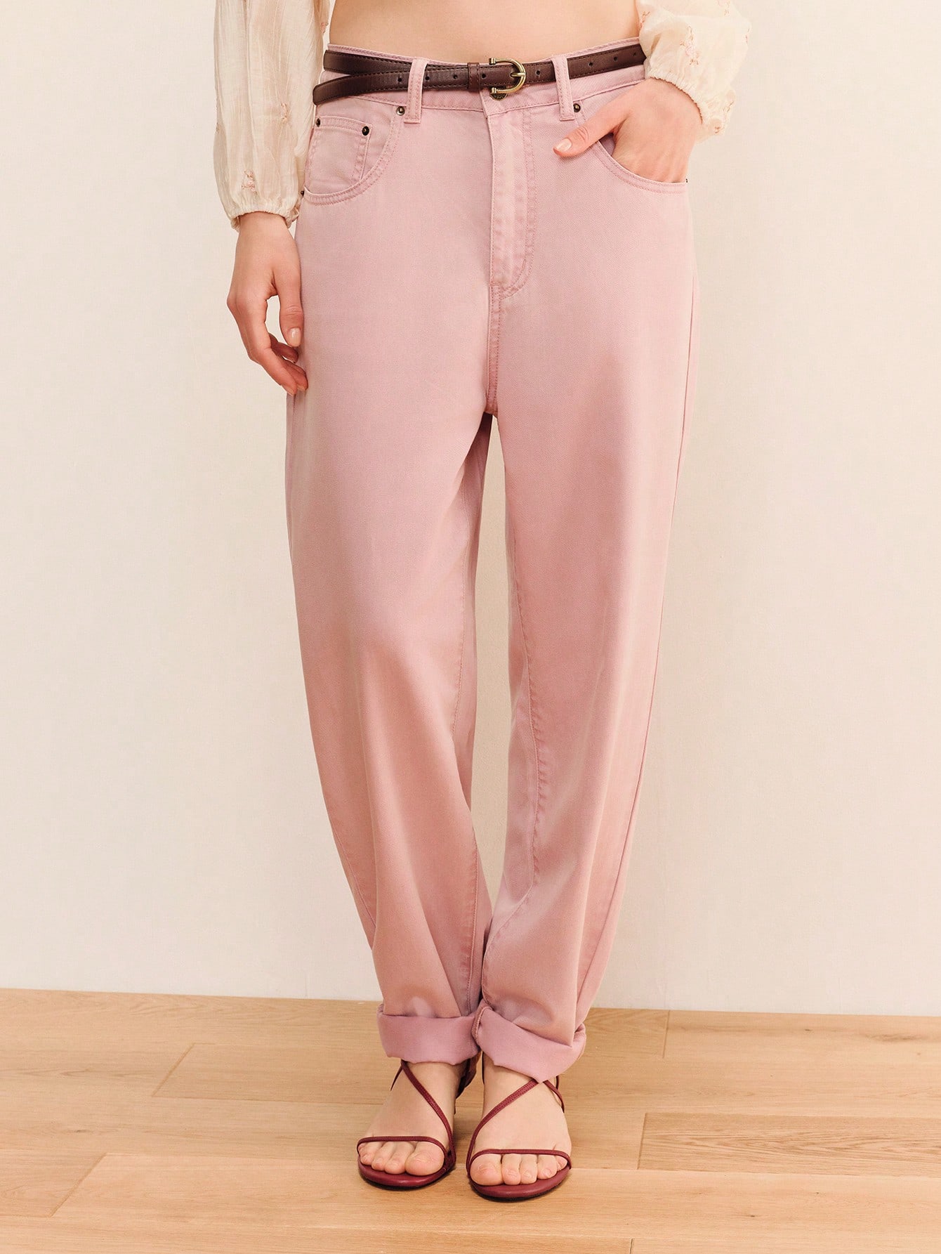 High Rise Tapered Vintage Washed Pink Jeans With Roll Up Hem Pink Pants Women's Fashion Loose Pants
