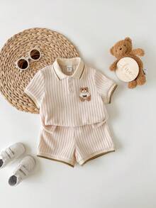 男婴小熊贴花罗纹短袖Polo衫套装 - 杏色 - 查看 6