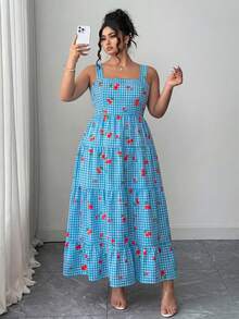 SHEIN CURVE+ Đầm dài in họa tiết quả anh đào dành cho nữ cỡ lớn, thích hợp cho mùa xuân/hè. - Màu xanh lam - Xem 6