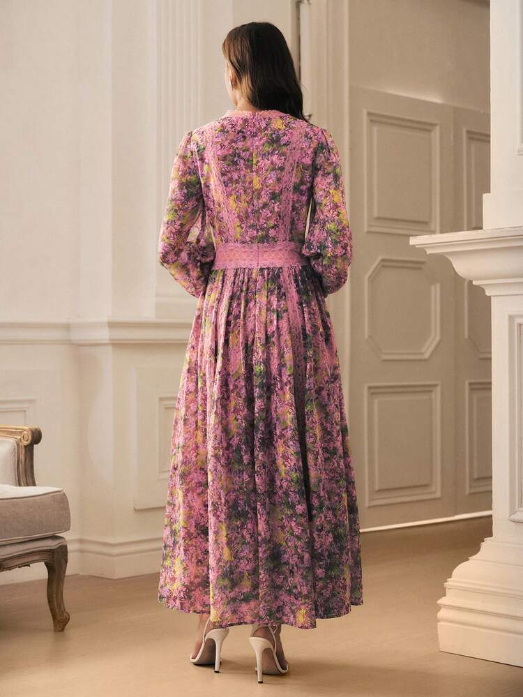 Women's Purple Elegant Long Sleeve A-Line Dress, V-Neck Lace Trim, Summer New Arrival
