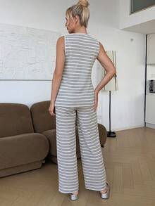 2 piezas Conjunto de top de tirantes con botones y pantalones a rayas, informal y de verano, para maternidad - Gris - Ver 2