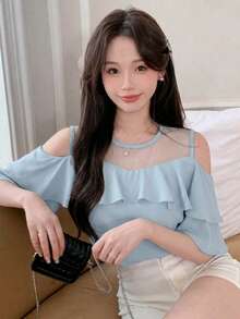 DAZY Women's Mesh Patchwork Ruffle Hem Short Sleeve Round Neck Blouse - Blue - View 6