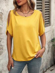 SHEIN Holidaya Camiseta casual holgada de mujer de unicolor con cuello redondo y bajo con abertura - Amarillo - Ver 5