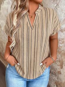 EMERY ROSE Plus Size Woven Printed Summer Women's Shirt For Vacation - Apricot - View 3