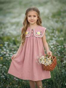 SHEIN Tween Girls/Tween Girl Girls Pastoral Floral Embroidered Pattern Ruffle Collar Puff Sleeve Dress,Versatile Round Neck Trim Contrast Color - Pink - View 2